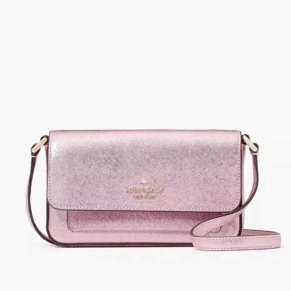 Kate Spade Glimmer Glitter Crossbody Duo Card Holder Bag Purse Mitten Pink